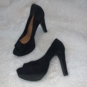 Candies Black Faux Suede 7.5 Peep Toe Heels